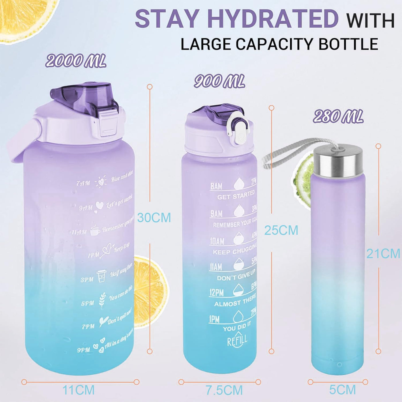 Set of 3 Water Bottle with Straw 2 Litre+900ml+280ml (Purple/Blue)