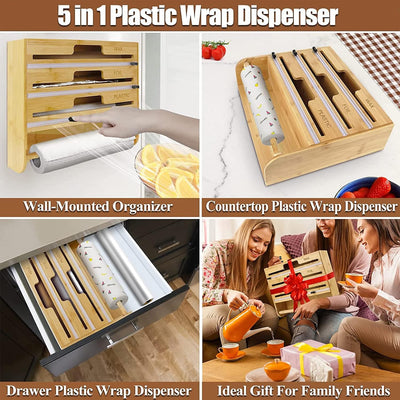 Foil and Plastic Wrap Organizer, Wall Mount, 5 in 1 Plastic Wrap Food Dispenser with Cutter