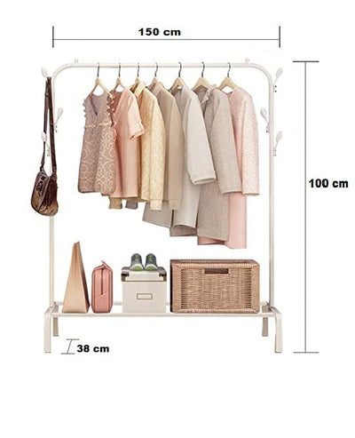 Metal Garment Rack with Top Rod and Lower Storage Shelf Clothes Rack 6 Hooks(150x117cm) White