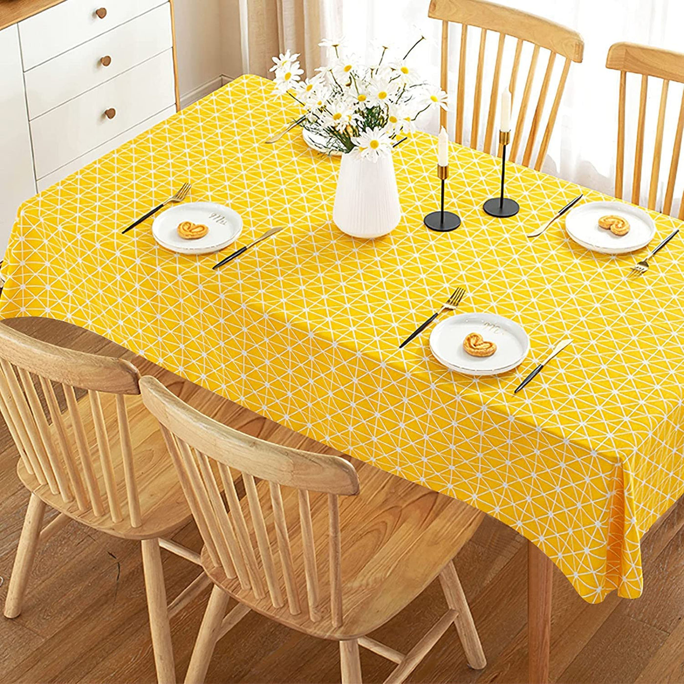 Rectangle Tablecloth Cotton Linen Table Cloth Dust-Proof Table Cover-Yellow Diamond
