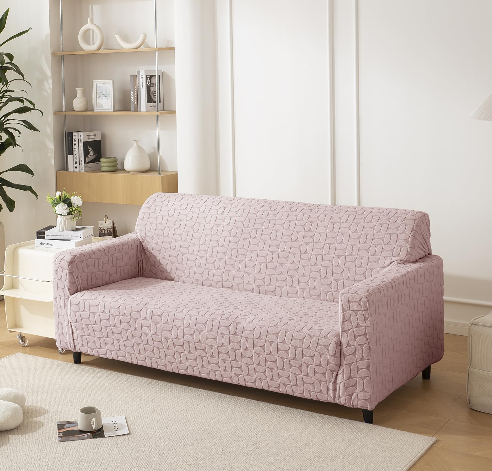 Jacquard Fabric Texture Sofa Cover 220 GSM Sofa Slipcover-Pink