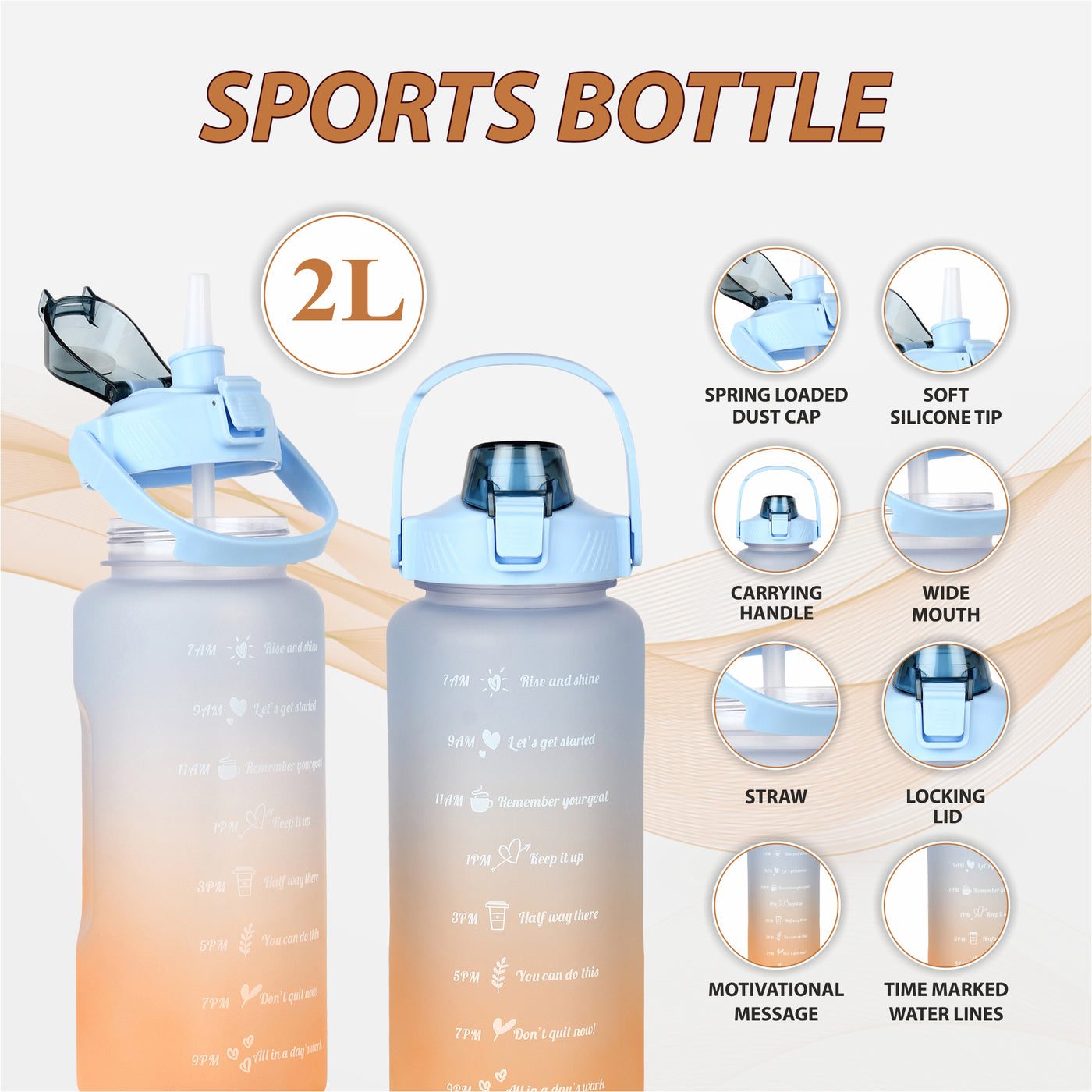2000 ML Motivational Water Bottle With Straw and 3D stickers