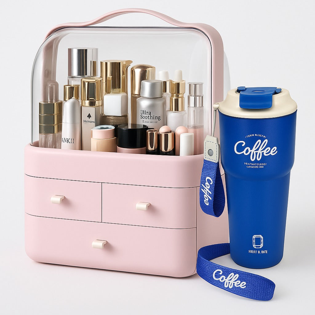 Luxury Cosmetic Storage Box & 620ML Stainless Steel Insulated Travel Mug Set