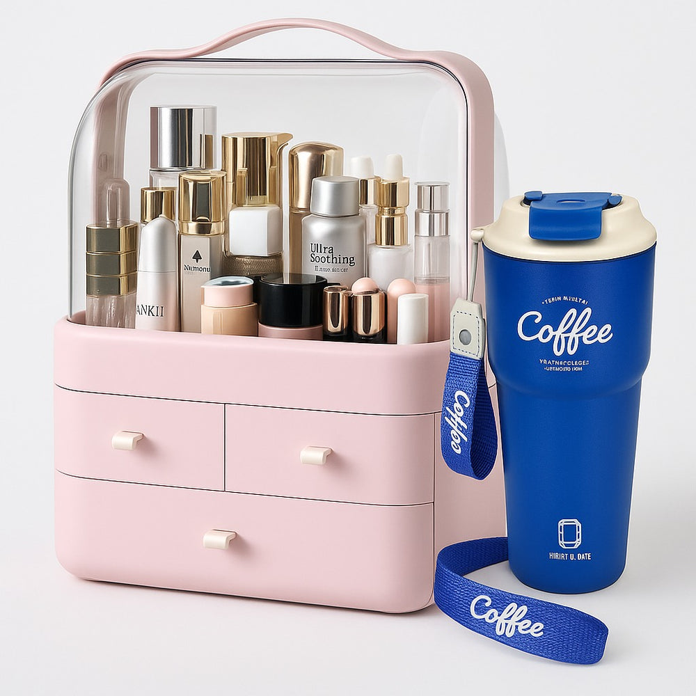 Luxury Cosmetic Storage Box & 620ML Stainless Steel Insulated Travel Mug Set