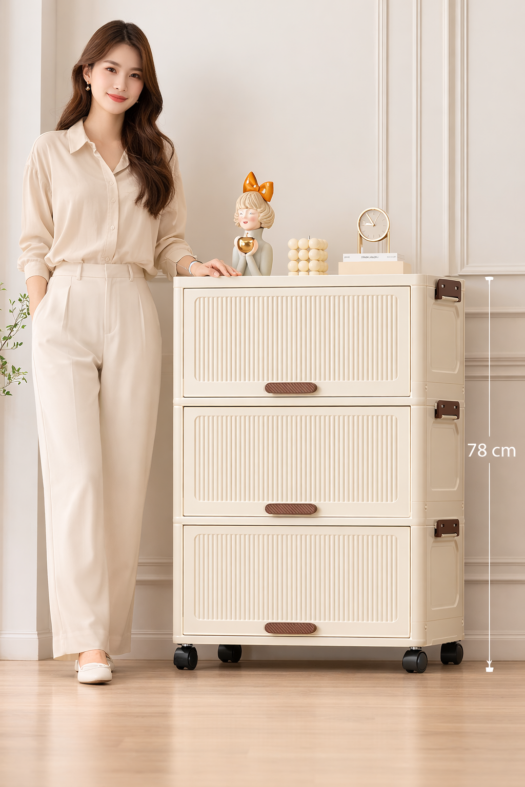 Storage Cabinet with Wheels Organizer with Multiple Compartments (Cream)