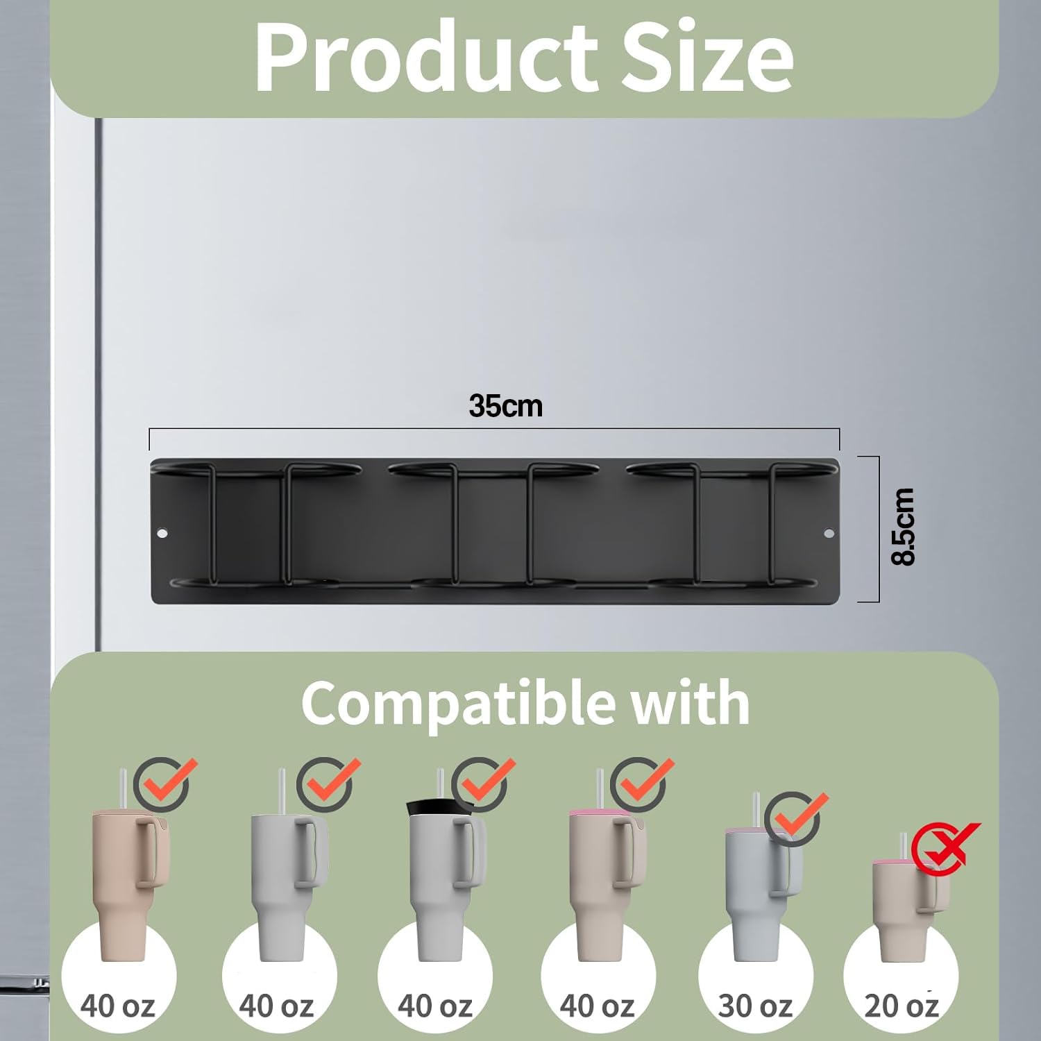 Magnetic 3-Cup Tumbler Holder Water Bottle Lid & Straw Organizer Rack With Hook(Black)