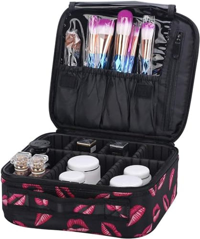 Makeup Cosmetic Storage Case with Adjustable Compartment (Red Lips)