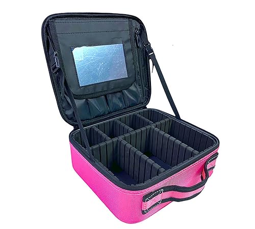 Makeup Bag with Mirror also Adjustable Dividers Case (Pink)