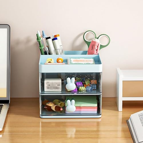 Small Desk Organizer With Drawer (Blue, ABS Plastic)