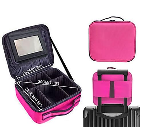 Makeup Bag with Mirror also Adjustable Dividers Case (Pink)
