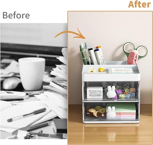 Small Desk Organizer With Drawer (Blue, ABS Plastic)