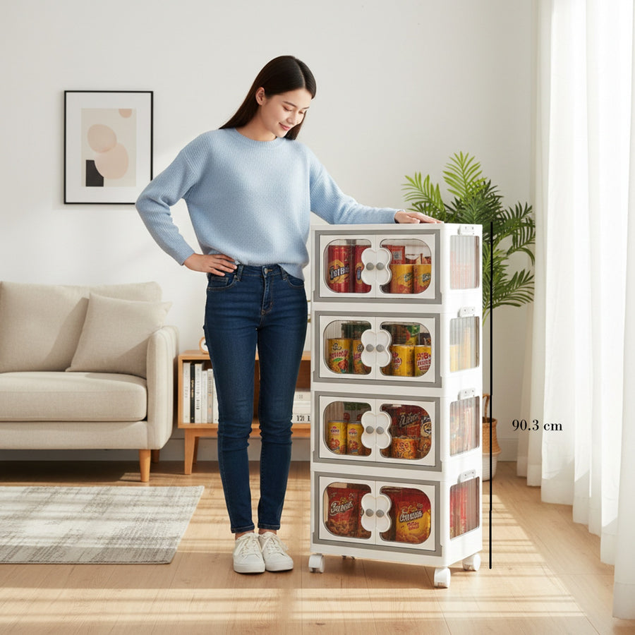 4 Layer Storage Box Wardrobe with Wheels (45cm, White)