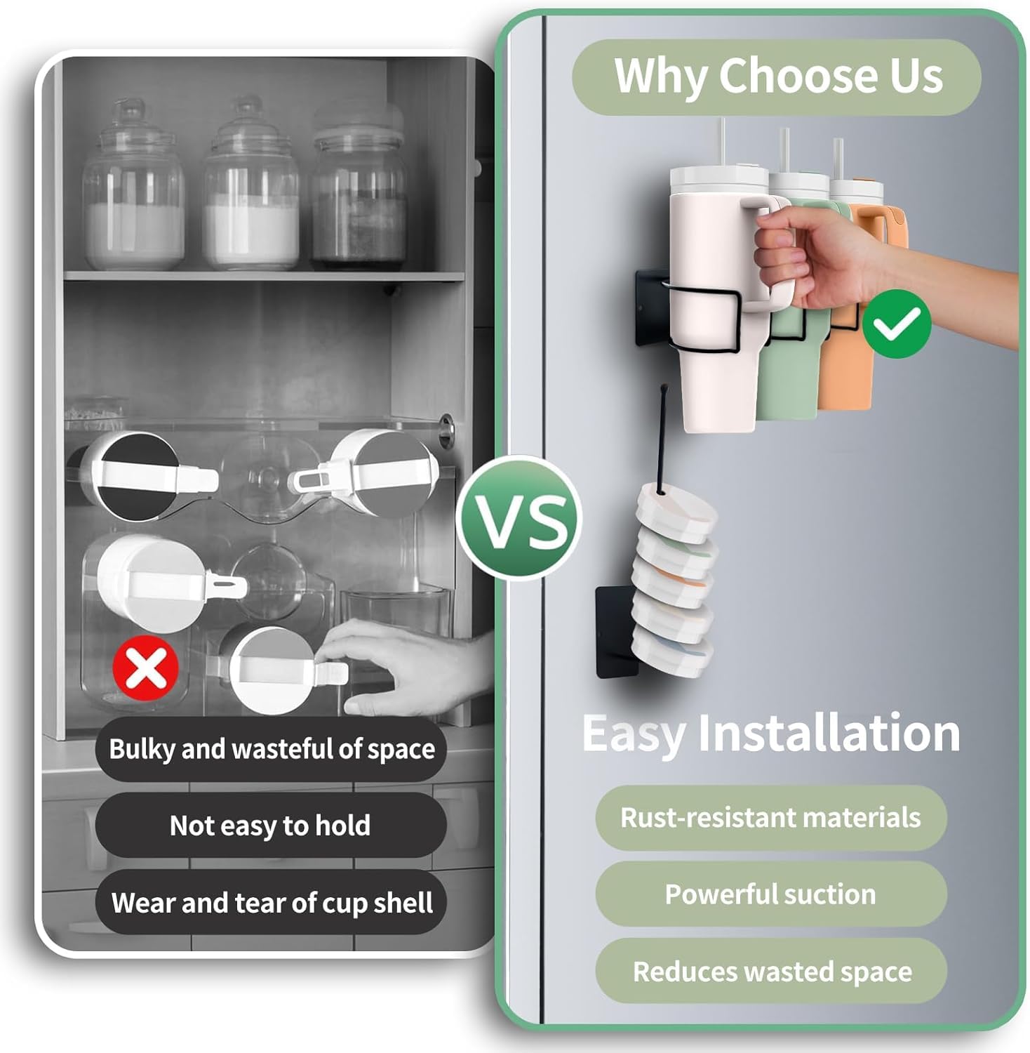 Magnetic 3-Cup Tumbler Holder Water Bottle Lid & Straw Organizer Rack With Hook(Black)