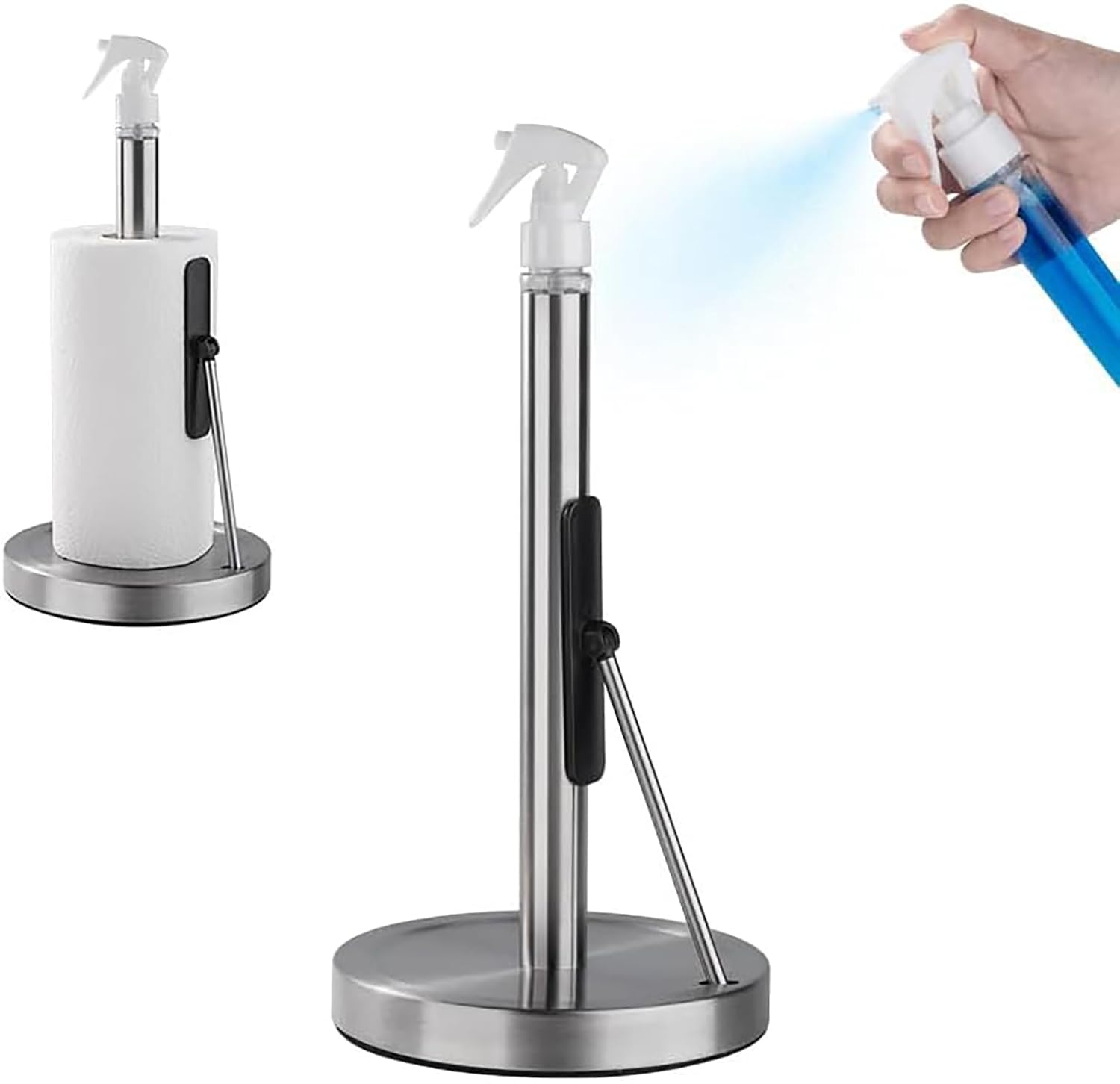 2-in-1 Stainless Steel Paper Towel Holder with Spray Bottle, Suction Base, One-Hand Tear Design (Silver)
