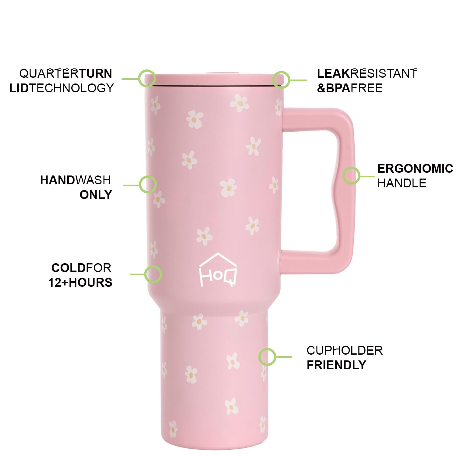 1200ML Stainless Steel Tumbler with Lid, Handle & Straws - Floral & Stripe