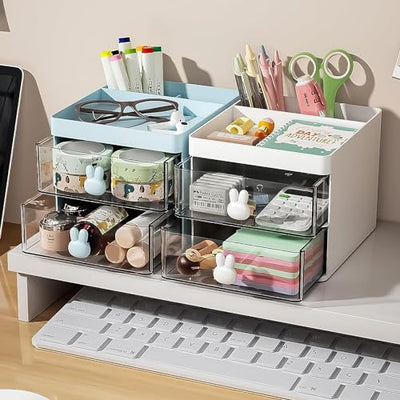 Small Desk Organizer With Drawer (Blue, ABS Plastic)