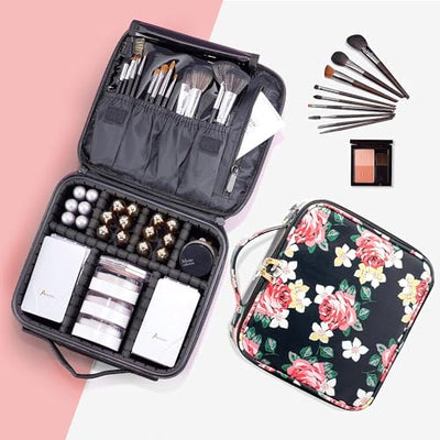 Makeup Cosmetic Storage Case with Adjustable Compartment - Black Flower