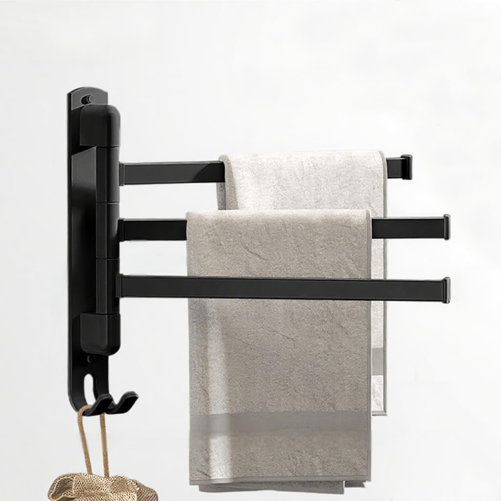 Self Adhesive Rotating Towel Rail, Wall Mounted Towel Rack with 3 Swivel Bars (Black)