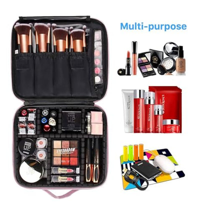 Makeup Cosmetic Storage Case with Adjustable Compartment (Shimmer Pink)
