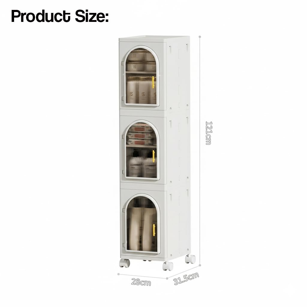 3-Layer Slim Bathroom & Kitchen Storage Cabinet with Transparent Drawers and Wheels – White