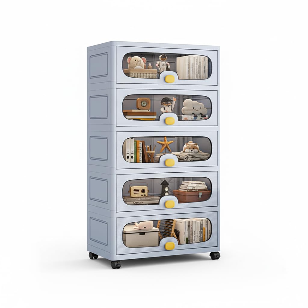 Stackable Collapsible Storage Box Cabinet with Wheels & Flip Doors (Grey)