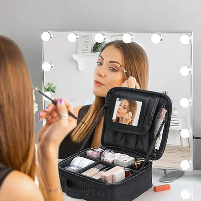 Makeup Bag with Mirror, Adjustable Dividers, Cosmetic Accessories Case (BLACK)