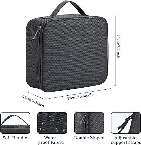 Makeup Bag with Mirror, Adjustable Dividers, Cosmetic Accessories Case (BLACK)