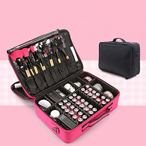 3 Layer Cosmetic Organizer Beauty Artist Storage Brush Box with Shoulder Strap - Pink