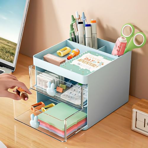 Small Desk Organizer With Drawer (Blue, ABS Plastic)