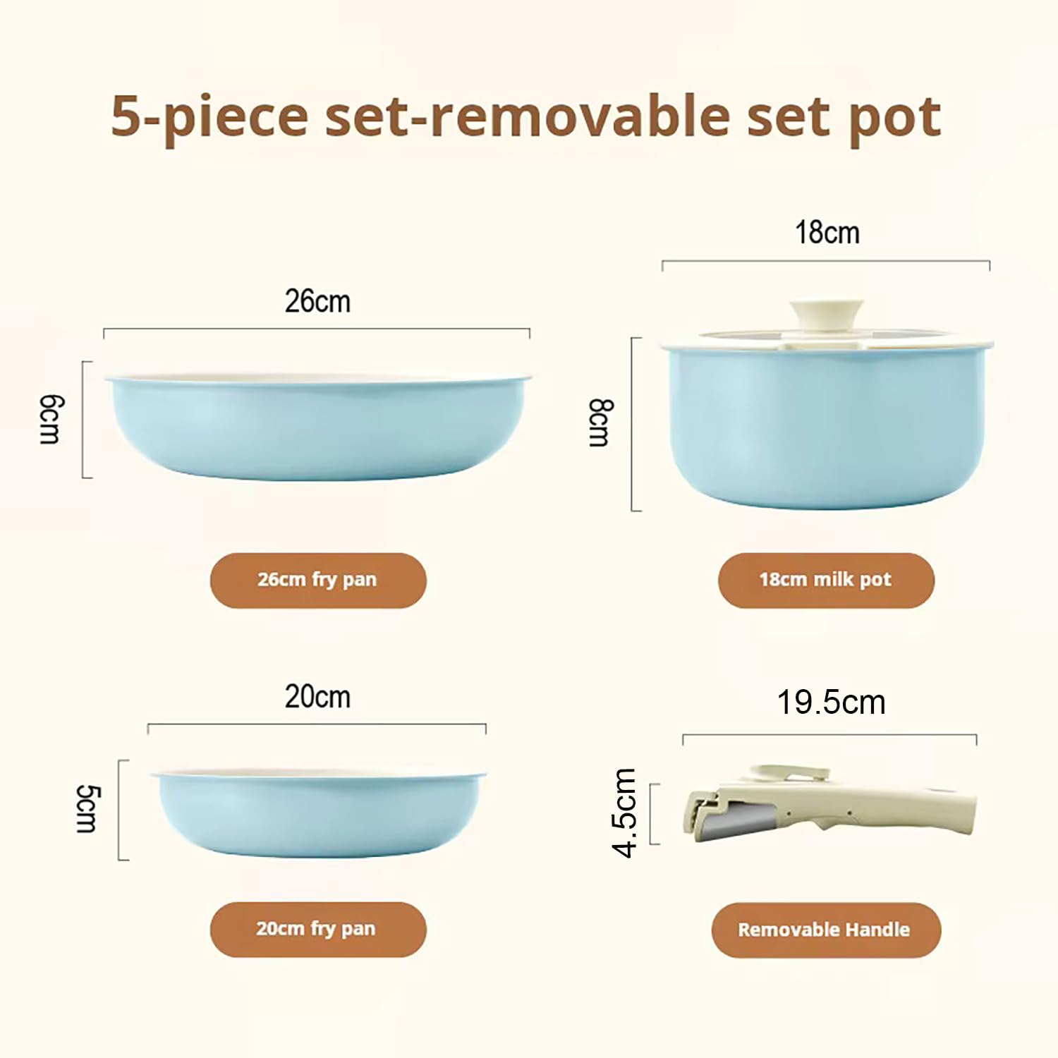 Maifan Stone Nonstick Cookware Set of 5 Detachable Handle Pots & Pans