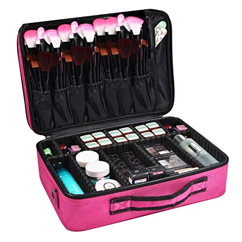 3 Layer Cosmetic Organizer Beauty Artist Storage Brush Box with Shoulder Strap - Pink