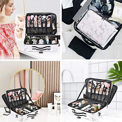 3 Layers Large Capacity makeup Case with Adjustable Compartment (White Marblre)