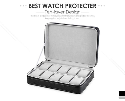 Wristwatch organizer with grid for 10 watches - Black PU leather