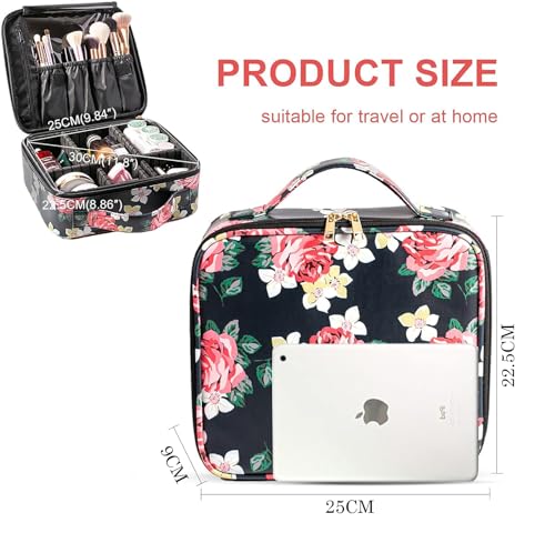 Makeup Cosmetic Storage Case with Adjustable Compartment - Black Flower