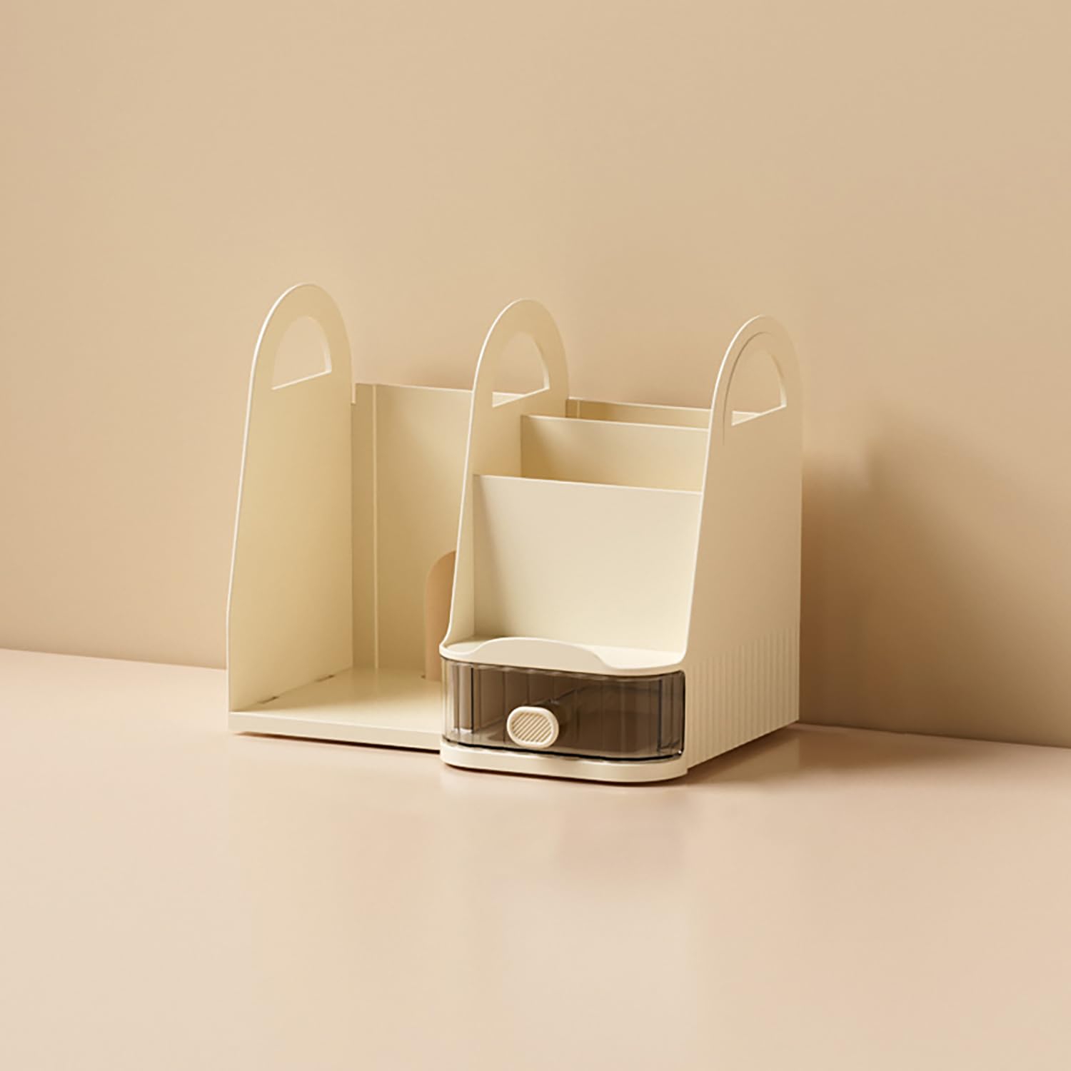 Modular Pen Holder & Desktop Bookshelf – Adjustable Left & Right Plastic Organizer (Cream)