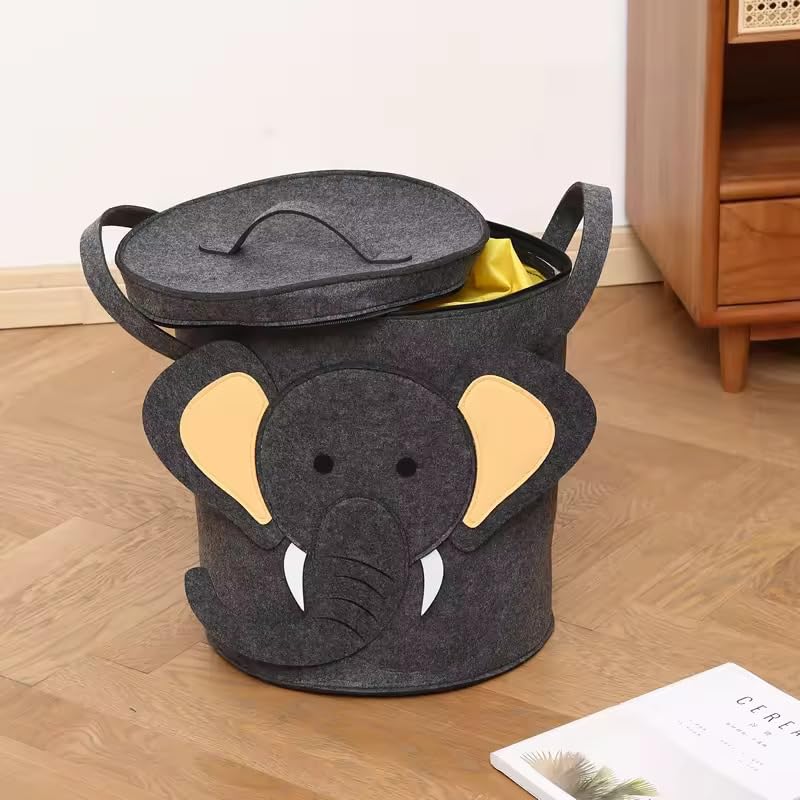 Felt Kids Cartoon Laundry Basket With Lid Round Storage Basket