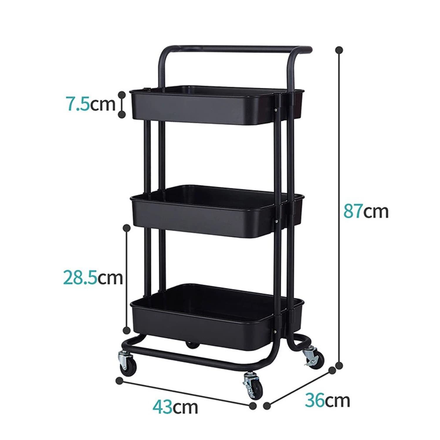 3 Tier Storage Trolley Metal Utility Trolley Storage Trolley, Multi-Purpose - (Black)