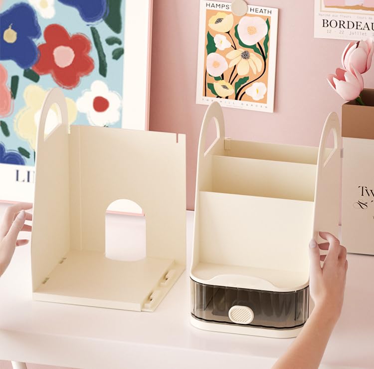 Modular Pen Holder & Desktop Bookshelf – Adjustable Left & Right Plastic Organizer (Cream)