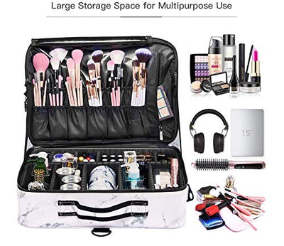3 Layers Large Capacity makeup Case with Adjustable Compartment (White Marblre)