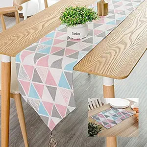 Table Runner,Ethnic Indian Style (1 Runner 30x160cm, 6 Placemat Pink/White)