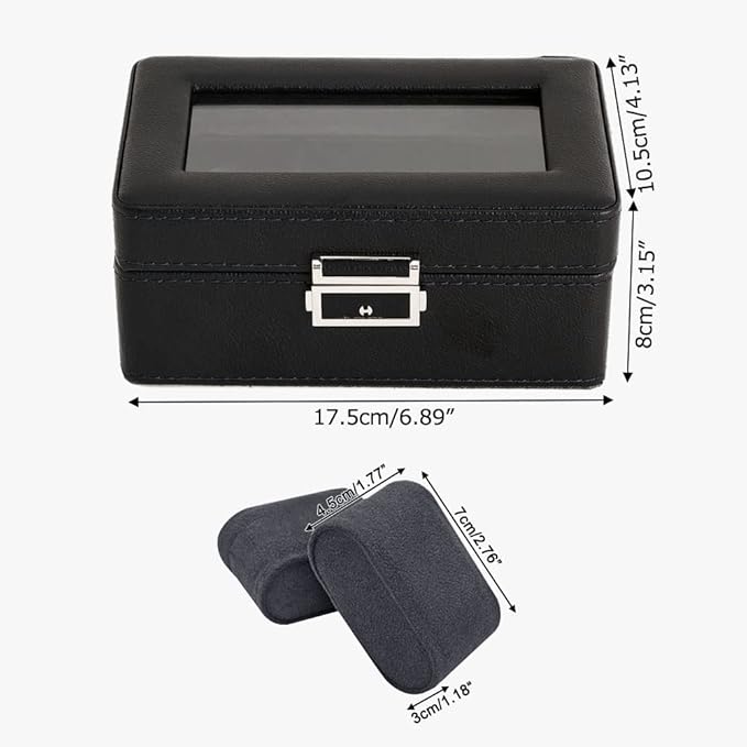 3 Slot PU Leather Watch Box with Glass Top,(Black)