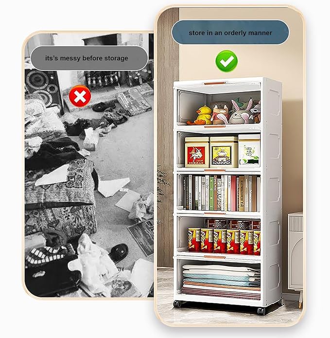 Stackable Collapsible Storage Boxes with Wheels and Doors – Versatile Plastic ( White 40 cm)