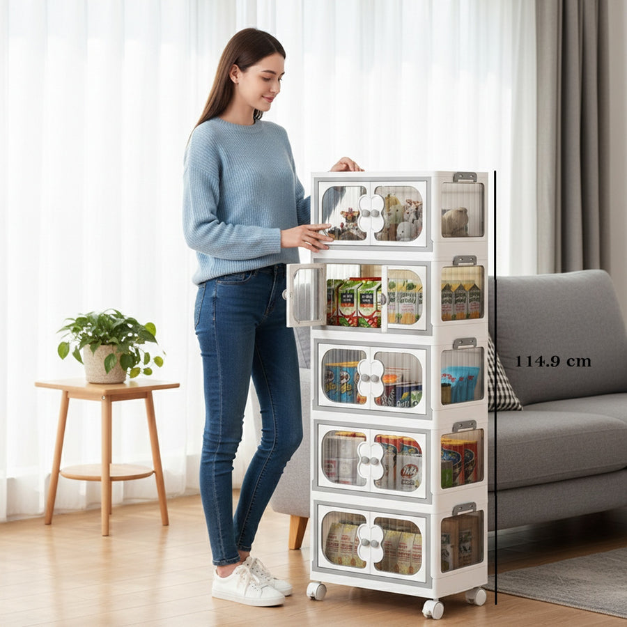 5 Layer Storage Box Wardrobe with Wheels (45cm, White)