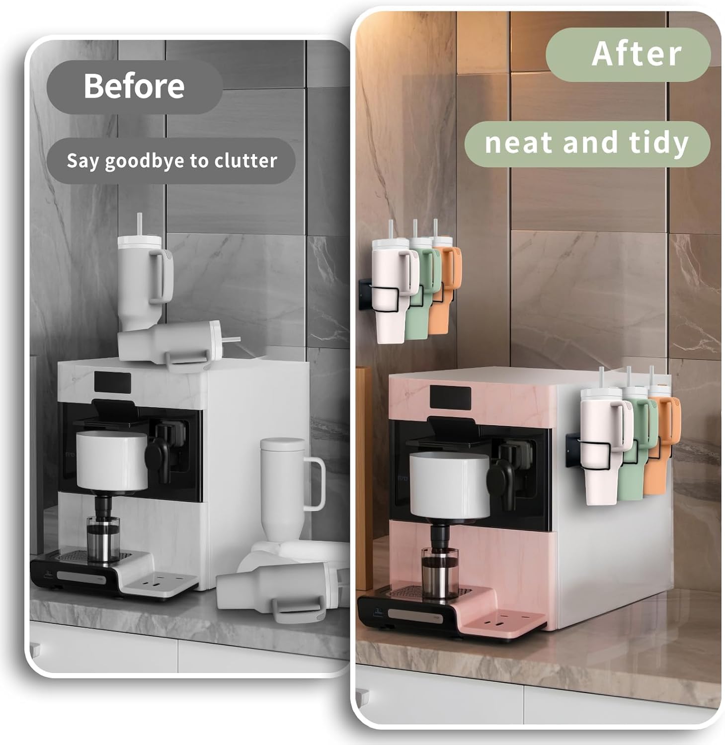 Magnetic 3-Cup Tumbler Holder Water Bottle Lid & Straw Organizer Rack With Hook(Black)