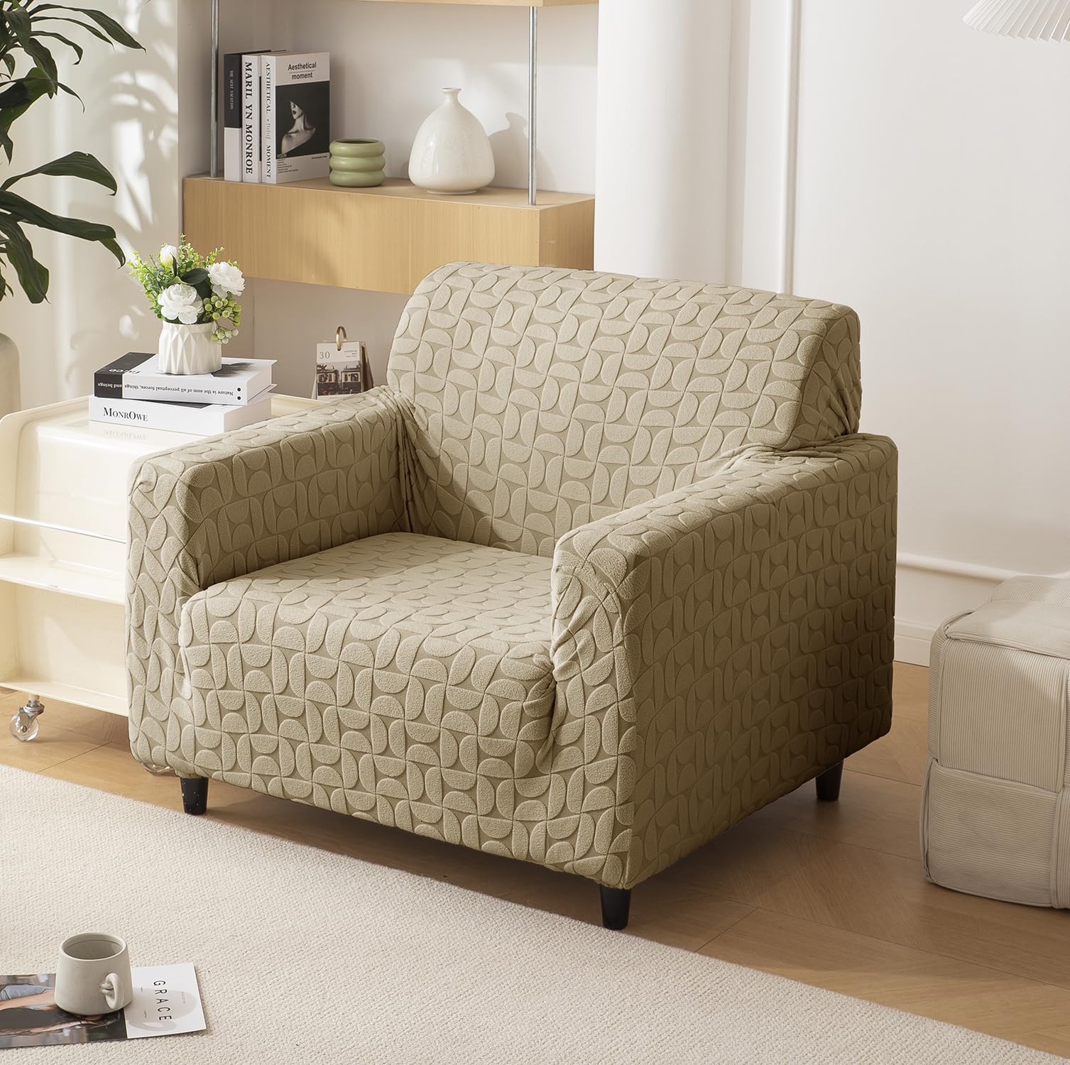 Jacquard Fabric Texture Sofa Cover 220 GSM Sofa Slipcover-Camel