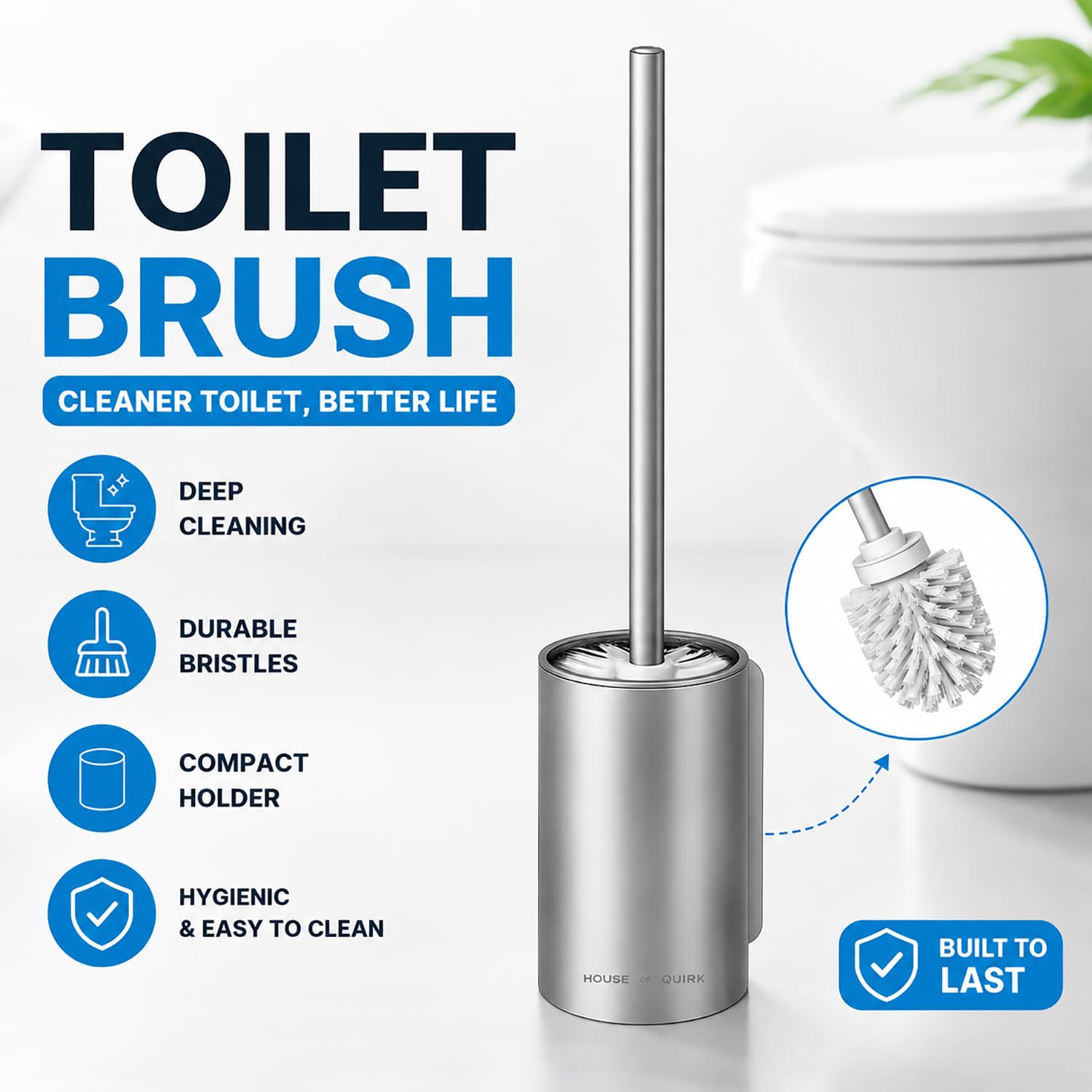 Toilet Brush with Aluminum Handle & Holder Plastic Bristles Wall Mounted