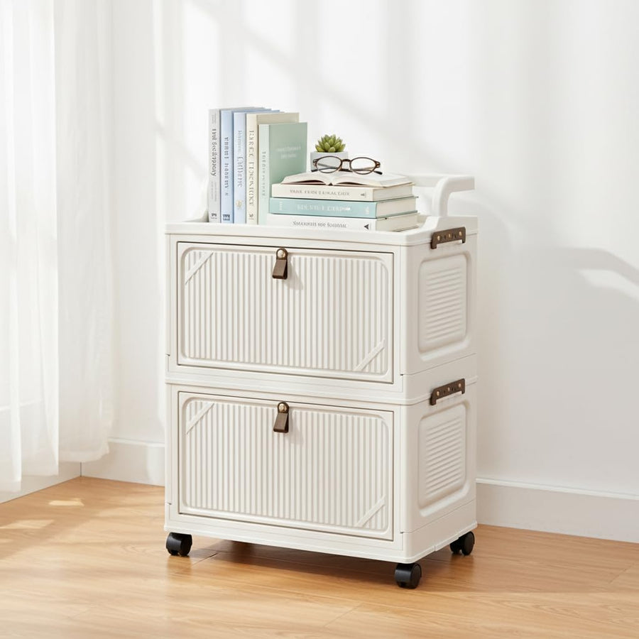 Foldable Storage Box Cart with Wheels & Handle (White)