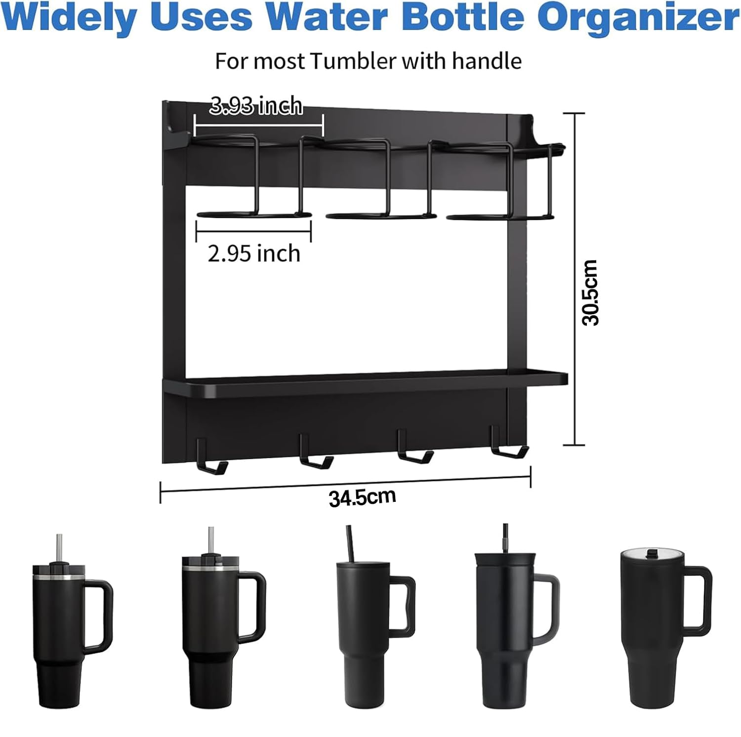Magnetic Tumbler Organizer for 40 oz Water Bottle Holder with 4 Hooks (Black)