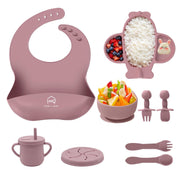 9 Pcs Silicone Feeding Set for Babies | Airplane Divided Plate & Bowl, Spoons, Forks & Bib