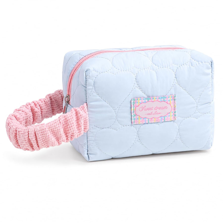 Korean Quilted Makeup Bag for Women, Heart Pattern Cosmetic Pouch